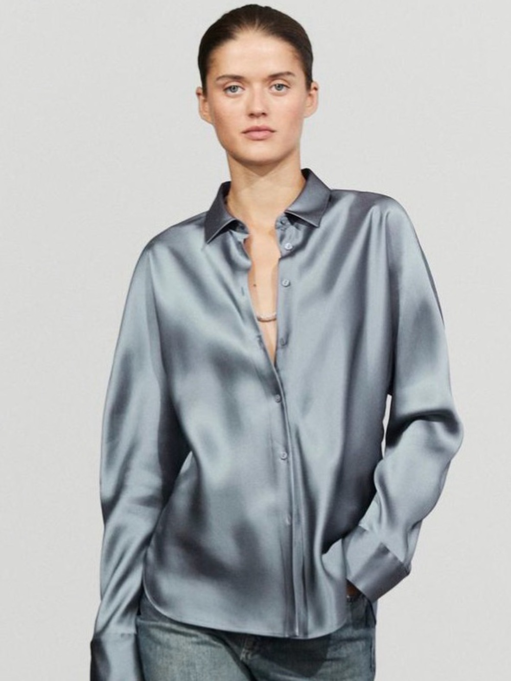 Zara Satin Button-Up Blouse in Steel Blue
